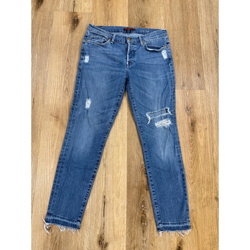 7 For All Mankind Josie Crop Distressed Skinny Jeans Blue Medium Wash Size 31